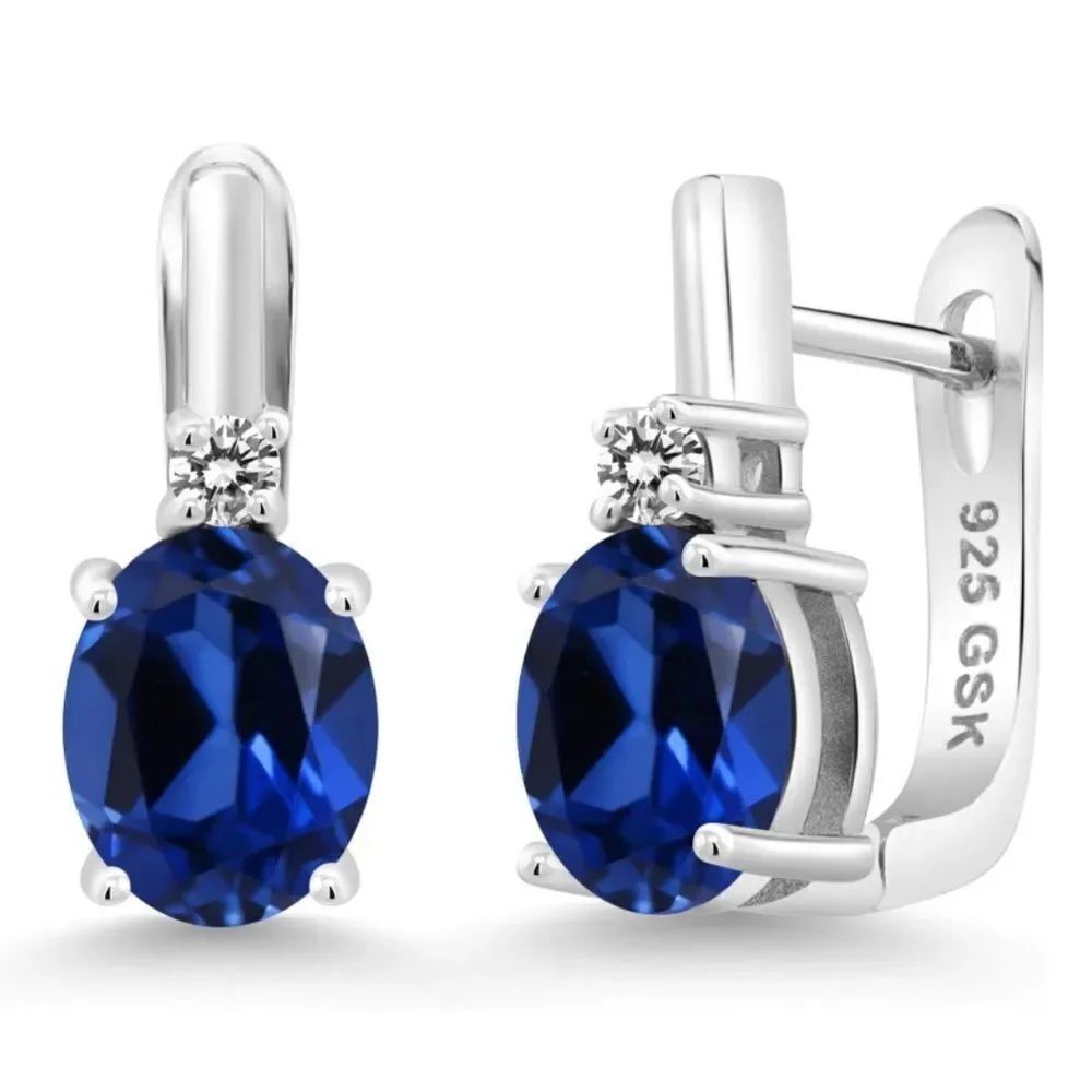 925 Sterling Silver with 4.73Cttw Royal Blue Sapphireāand White Diamond Earrings